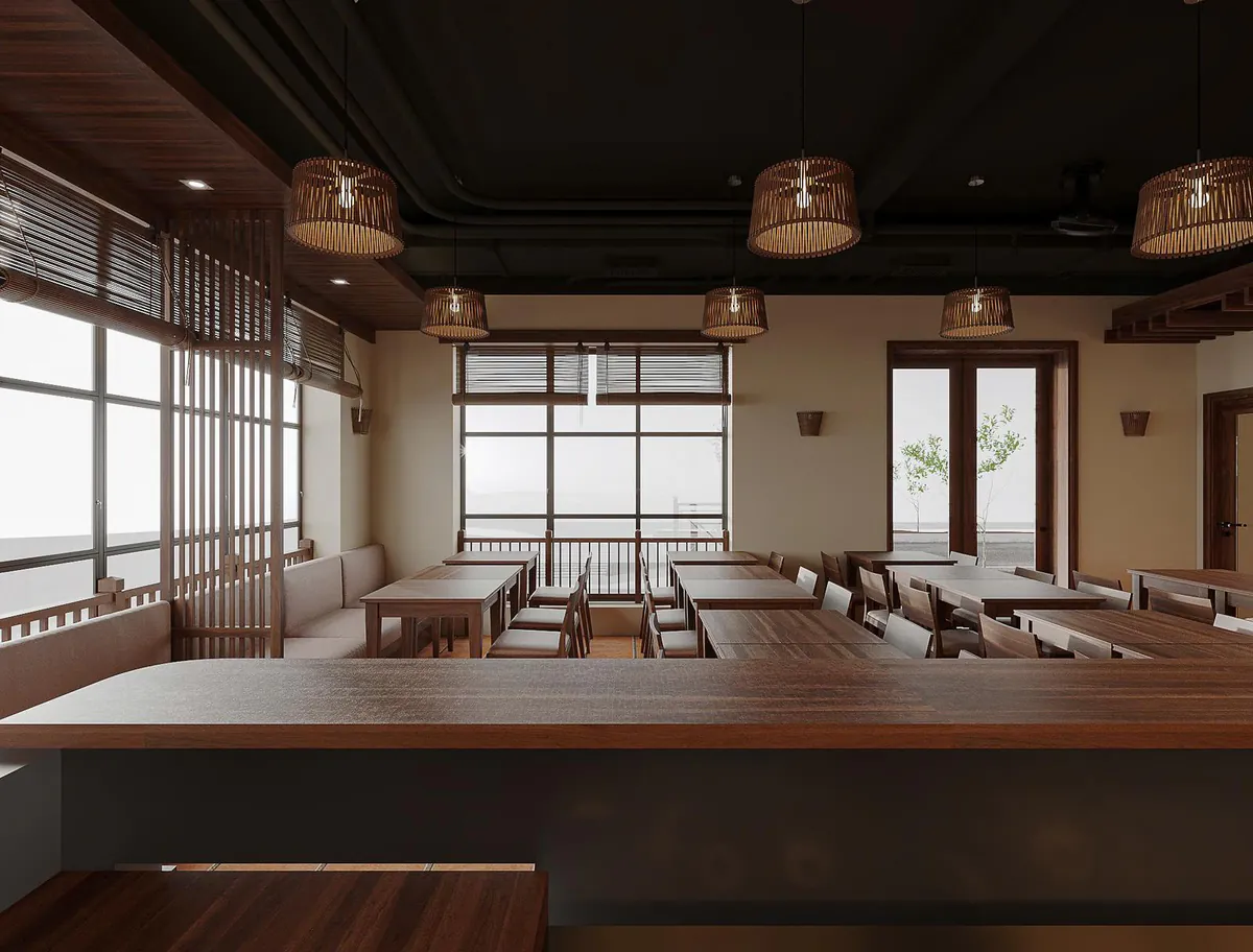 Warm interior with wood tables at Viet Saveurs in Montreal